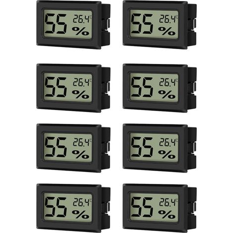 Mini termómetro e higrómetro (8 piezas), medidor de temperatura digital LCD, medidor de humedad para invernadero de escritorio, unidad de temperatura conmutable ℃/℉, negro (1/5)