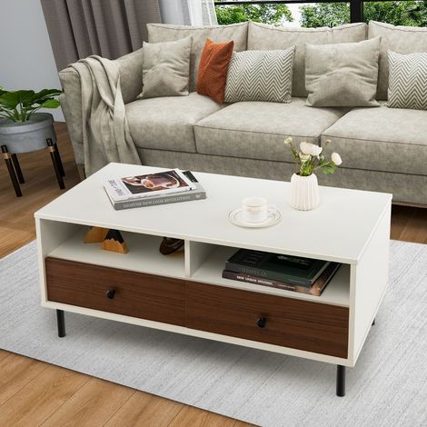 Table Basse avec 2 Tiroirs et 2 Etagères de Rangement Table Basse en Bois Table d'Appoint Rectangulaire Multifonctionnelle Blanc Maison Chic (1/4)