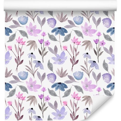 Tapete mit lila Blumen, weiß und hellgrau, für Wohn- und Schlafzimmer, 50x1000 (1/5)