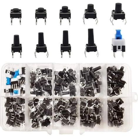 180 pièces Interrupteurs à bouton-poussoir tactiles, Kit d'assortiment d'interrupteurs, bouton-poussoir momentanés à 4 broches, pour Arduino (6 X 6, 7 X 7 mm) (1/4)