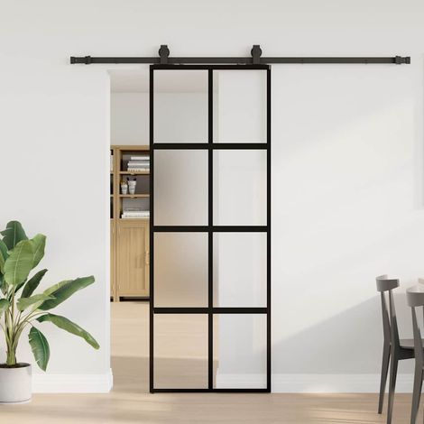 Schiebetür mit Beschlag Schwarz 76x205 cm Hartglas