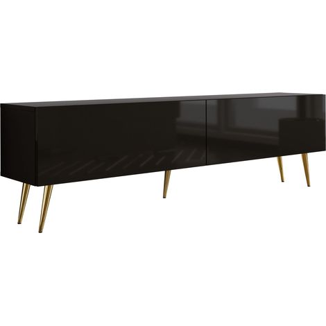 Meuble TV : Noir Mat / Noir Brillant, pieds dorées, 170 x 52 x 32 cm (1/5)