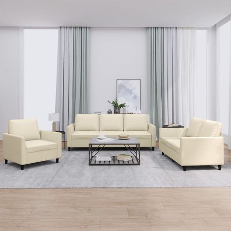 3-tlg. Sofagarnitur mit Kissen Creme Kunstleder (1/5)
