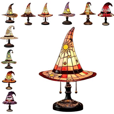 Irovami Lampe chapeau de sorcière en vitrail – 33 cm, veilleuse gothique USB pour Halloween et décoration (1/5)