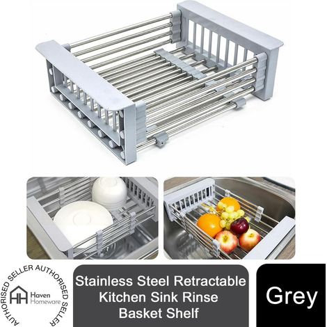 Haven Stainless Steel Retractable Kitchen Sink Rinse Basket Shelf - Grey (1/5)