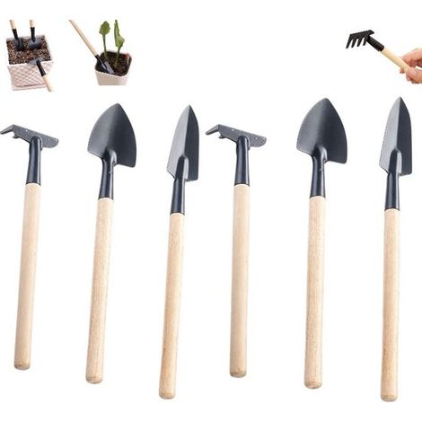 Ensemble de 6 mini-outils de jardin - Bêche - Râteau - Pelle - Truelle - Pour pots de fleurs d'intérieur et d'extérieur - Petit format - 22 cm - Idée cadeau jardin - Pour balcon et jardin (1/5)