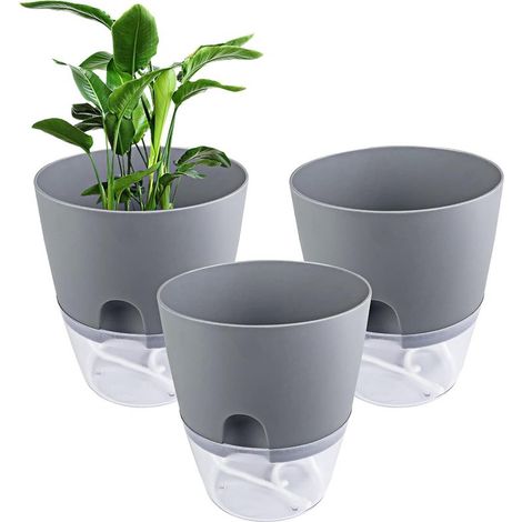 3 pièces Pots de Fleurs Gris 15.3cm Largeur, Automatique Pots avec Système D'arrosage Automatique, D'Arrosage Automatique Pots Transparent avec Système de Mèche aux Balcon, Intérieurs (1/5)