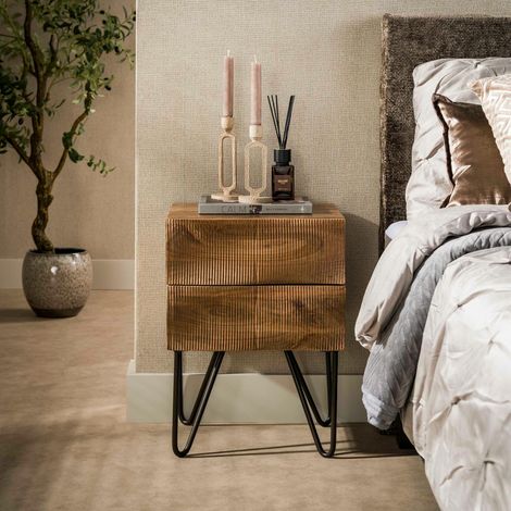 Table de chevet bois rainuré 2 tiroirs pieds épingle DELHI