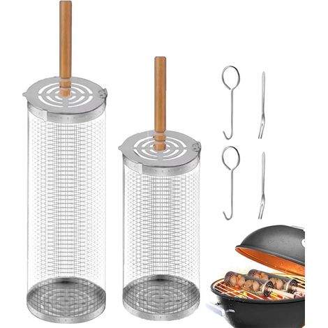 Panier à griller en acier inoxydable (lot de 2, 30 cm + 20 cm), panier à griller à roulettes avec poignée en bois pour le camping et le jardin. (1/5)