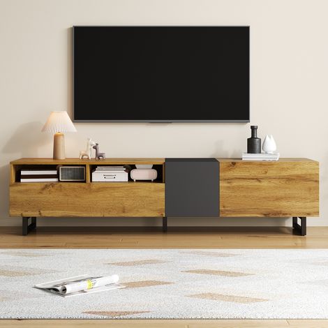 Meuble TV 170 cm, Meuble TV Bas avec 3 Portes dont 1 Abattante, 2 Niches Ouvertes, Pieds Métal U, Passages Câbles, Style Industriel Rétro - Nature (1/5)