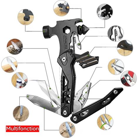 Marteau Multifonction 12-en-1 en Acier Inoxydable, Multi-outils de Poche avec Pince, Couteau, Scie et Tournevis pour Camping, Bricolage et Urgences Automobiles (1/5)