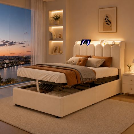 Lit enfant coffre 90x200cm avec rangement hydraulique,tête de lit rangement Lit rembourré USB,Type-C et lampe,lit avec sommier à lattes,velours,beige (1/5)