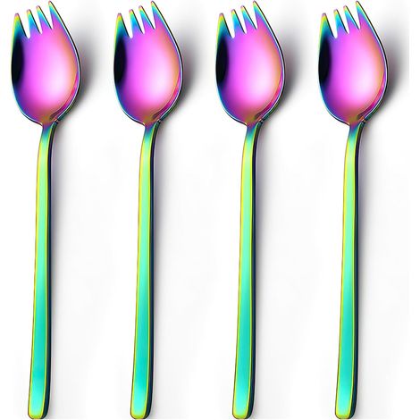 4 stuks kleurrijke vorklepels, lang 19 cm roestvrij staal, slavork, 2-in-1 dinervork, soeplepel, saladevork, noedellepel, multifunctionele fruitdessert lepel voor familiecamping en picknick outdoor