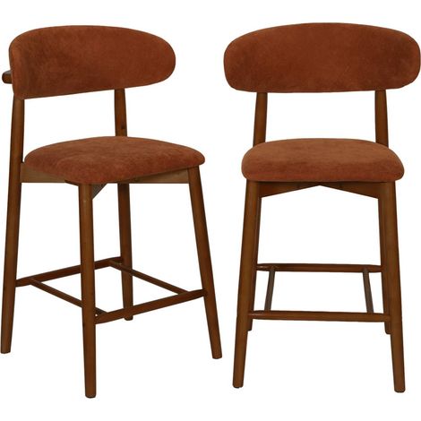 sweeek - 2er-Set Barhocker aus nussbaumfarbenem Heveaholz mit Chenille-Bezug Nussbaumfarben / Terrakotta (1/5)
