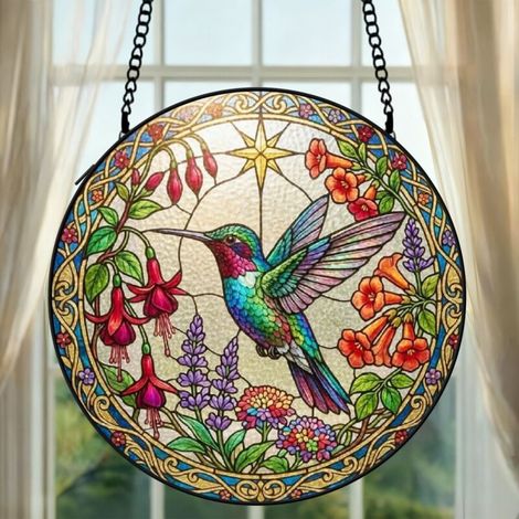 Attrape-soleil colibri vitrail 9 cm décoration fenêtre suspendue oiseau lumineux cadeau Noël (1/5)