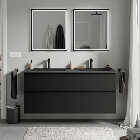 BERNSTEIN - Meuble vasque suspendu salle de bain MDF Noir mat, lavabo fonte minérale Noir mat + trou robinet, poignée métal Anthracite mat - 120x46x62cm - LAVOA Noir mat, Anthracite mat, Noir mat avec