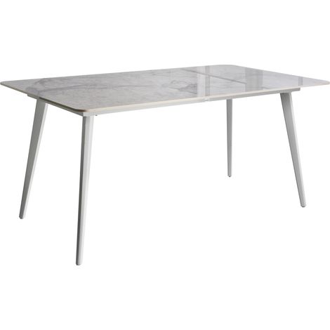 Mesa de comedor de jardín tablero de piedra sinterizada estructura de hierro resistente a los rayos UV al agua y al óxido interior y exterior blanco y mármol blanco Rodallo