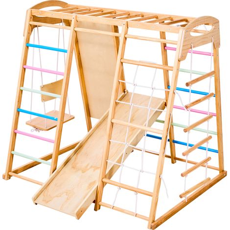Mophorn Parque Infantil de Madera 7 en 1 para Interior, Capacidad de 113 kg, Juego Montessori con Columpio, Barra de Mono, Tobogán, Escalera de Madera y Cuerda, Red de Escalada y Roca (1/5)