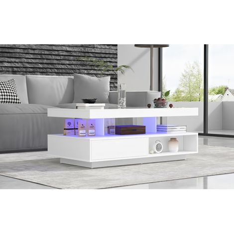 Mesa de centro brillante 95x50x42,5 cm - LED, 2 cajones, 2 compartimentos abiertos, blanco (1/5)