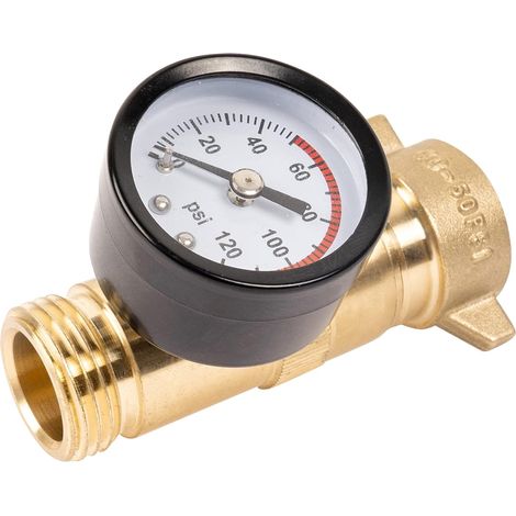 Régulateur de pression d'eau en laiton pour camping-car, sans plomb, à haut débit, avec filtre et manomètre. Équipé d'un filtre et d'un manomètre. (1/5)