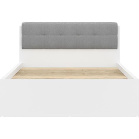Lit coffre 140x200 tête rembourée grise avec sommier et rangement, coloris Blanc brillant - Longueur 204,5 x Profondeur 149 x Hauteur 95/40,5 cm (1/4)