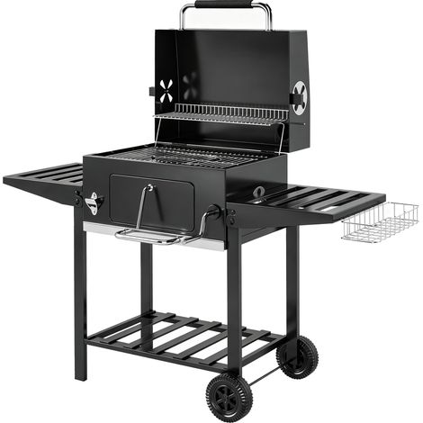 Barbecue a Carbone 133,5x65x110 cm a Rotelle con Griglia Regolabile e Ripiani Pieghevoli in Acciaio e PP Nero (1/5)