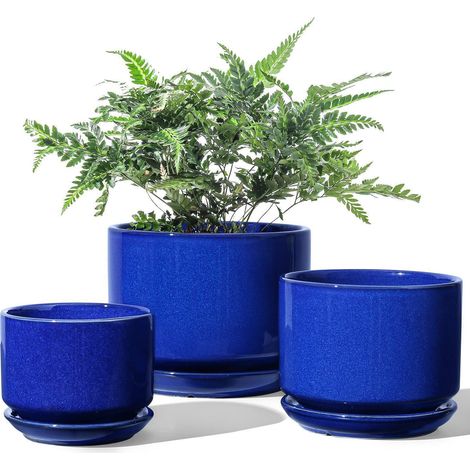3er Set Keramik Blumentöpfe mit Untersetzer, Saphirblau (1/5)