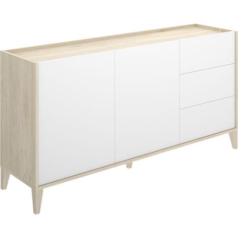 Buffet meuble de rangement à 2 portes et 3 tiroirs,naturel/blanc - Hauteur 77,5 x Longueur 150 x Profondeur 40 cm (1/5)