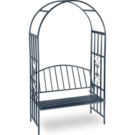 Arche de jardin avec banc deux places pratique décoratif 205 x 115 x 50 cm en fer gris (1/5)