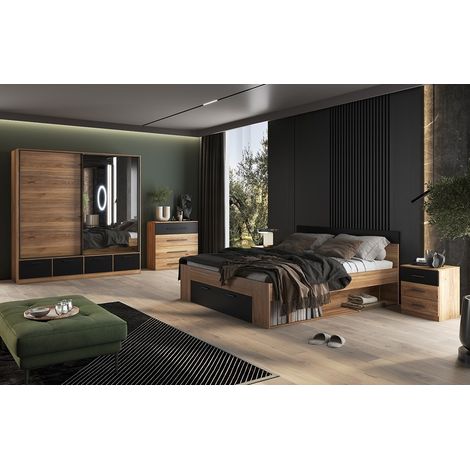 Schlafzimmer-Design-Kollektion EOS: Kleiderschrank, Bett 160x200, Kommode, Nachttische. Farbe helles Eichenholz und Schwarz.
