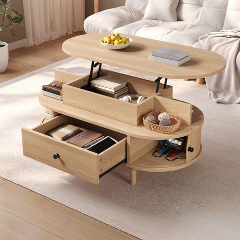 Table Basse Ovale Relevable avec Rangement, Table De Salon Hydraulique avec Plateau Élévateur, Tiroir Central et Portes Coulissantes, MDF, Pieds en Bois d'Hévéa, Naturel (1/5)