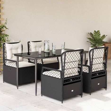Salon de jardin 5 pièces avec 4 fauteuils inclinables, résine tressée noire et coussins - PANGIVO (1/5)