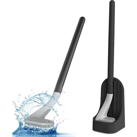 Toilet brush and silicone holder – Long-handled plastic toilet brush – Wall or floor mounting – Black (1/5)