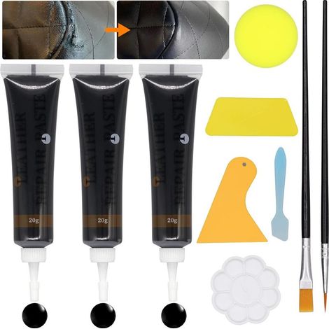 Reparation Cuir Noir 60g, Pate Reparatrice Cuir Noir, Réparation Simili Cuir pour Réparer Rayures, Décolorations et Trous sur Cuir, Sièges Auto, Chaussures, Portefeuilles et Cuir Synthétique
