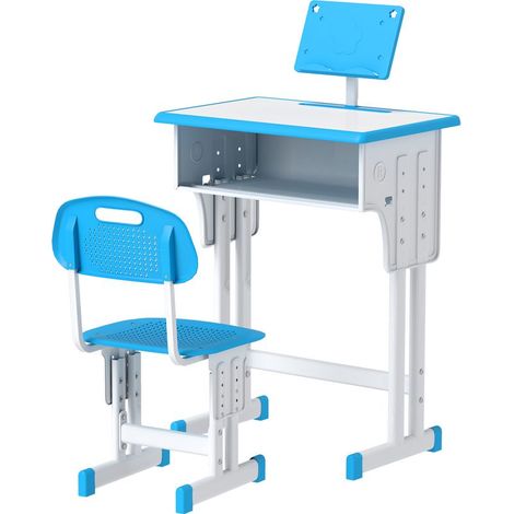 Bureau d'écolier réglable en hauteur pour enfants de 6 à 12 ans, avec pupitre et étagère, en acier et MDF, bleu. (1/5)