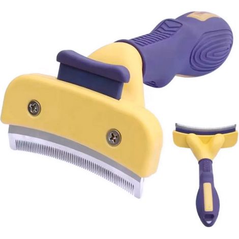 giallo/viola - Spazzola per rimuovere il pelo con bottone per cavalli e per animali domestici a pelo liscio