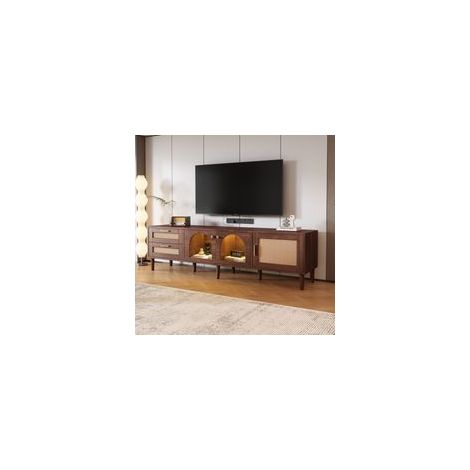 Meuble TV marron 180 cm 2 tiroirs en rotin 3 portes en verre cintrées Éclairage LED 16 couleurs Pour téléviseurs jusqu'à 80 pouces (1/5)