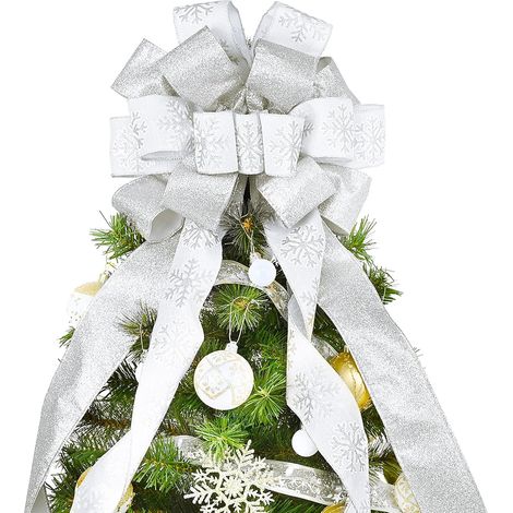 Nœud de sommet de sapin de Noël, nœud de taille 40x13 pouces avec guirlande en tulle satin pailleté et ruban à motifs, nœud de sommet de sapin de Noël pour décoration de maison de Noël (blanc) (1/4)