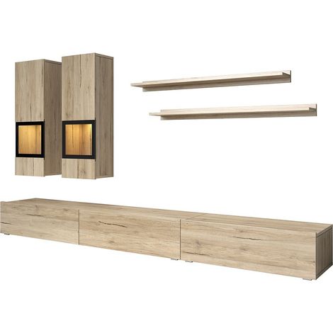Meublorama – Ensemble de meubles de salon chêne et noir – Meuble TV XL avec éclairage LED – 2 vitrines suspendues et 2 étagères – Montage simple