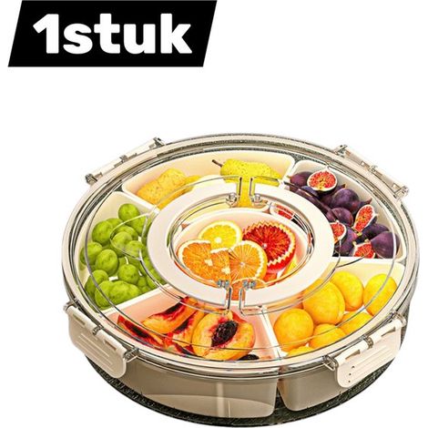1-Pièce Bol Rotatif à Fruits 6 Compartiments - Plateau Divisé Portable avec Couvercle et Poignée - Récipient Scellé Anti-Humidité - Blanc Crème (1/4)