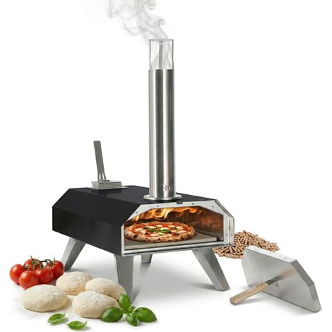 Forno pizza a pellet Relaxdays da tavolo, 400°C, pizza in 90 s, 72x36x68 cm, con pietra, per esterni, acciaio, nero