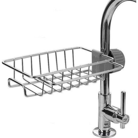 Porte-éponge robinet cuisine acier inoxydable, étagère support pour savon éponge chiffon shampooing gel douche, rangement salle de bain sans perçage (1/5)