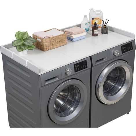 VEVOR Encimera para Lavadora y Secadora 137 x 69,9 cm, Cubierta Superior de Madera Soporta hasta 113 kg con Borde Elevado, Almohadillas, Ganchos Laterales para Lavadero Baño Cocina Balcón, Color Gris (1/5)