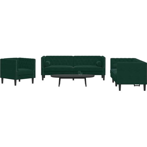 3-tlg. Chesterfield-Sofa-Set mit Nackenrollen Dunkelgrün Samt