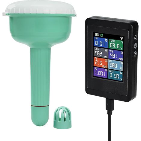 Moniteur de Piscine Intelligent 8-en-1 Sonde Flottante Sans Fil 300m et Écran LCD d’Intérieur Suivi à Distance pH, Chlore, Sel, TDS, CE et Température pour Piscines et Spas (1/5)