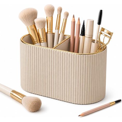 Pot pinceaux maquillage PU cuir, organisateur cosmétique, beige, 2 compartiments, vanity, bureau (1/5)
