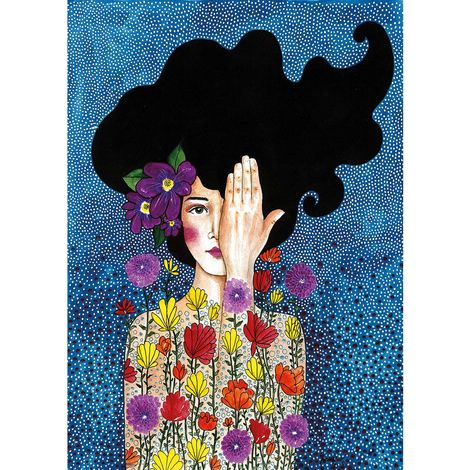 Tableau bleu femme & fleur pour salon | Tableau multicolore idéal chambre adulte | Tableau sur toile original pour bureau 0,5 x 0,7 m (1/2)