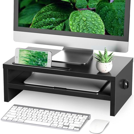 Bois Support de Moniteur, Réhausseur d'écran 2 Couches, Noir Elevateur Ecran PC, Support d'Écran d'Ordinateur pour le bureau, la maison, 42,5x23,5x14cm (1/5)