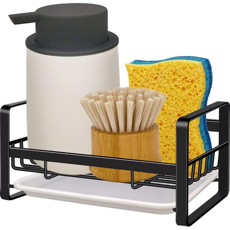 Escurridor de fregadero negro, soporte para esponja y dispensador de jabón, práctico para el uso diario.