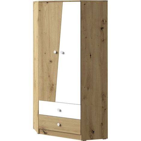 Armario de rincón Almira 101, Roble Artisan + Blanco, 191x87x87cm, Puertas de armario: Con bisagras, Número de estantes: 3 (1/4)